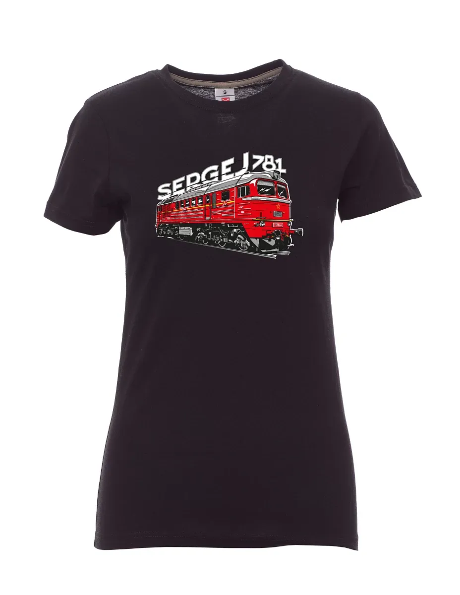 Schwarzes T-Shirt für Damen Lokomotive 781 "Sergej" (M62)