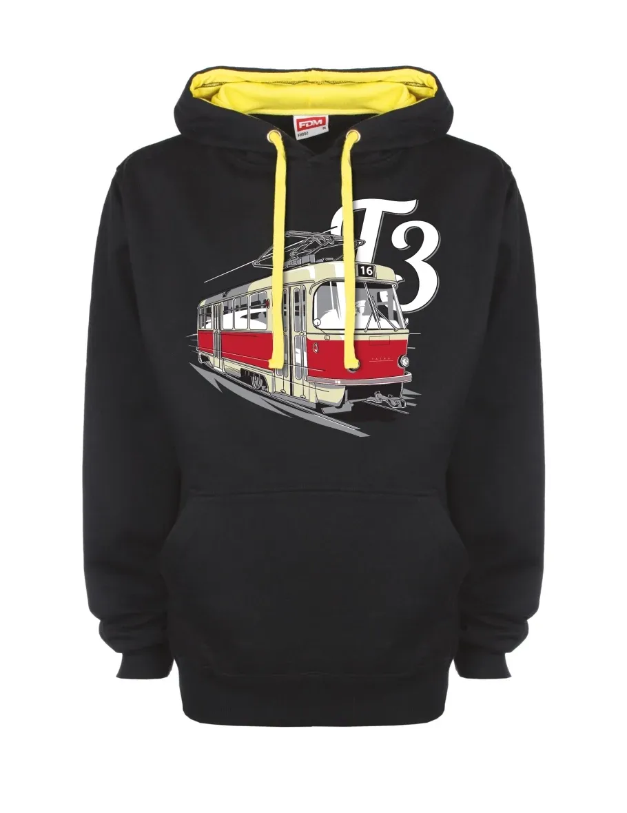 Gelb-schwarzes Sweatshirt mit Straßenbahn T3