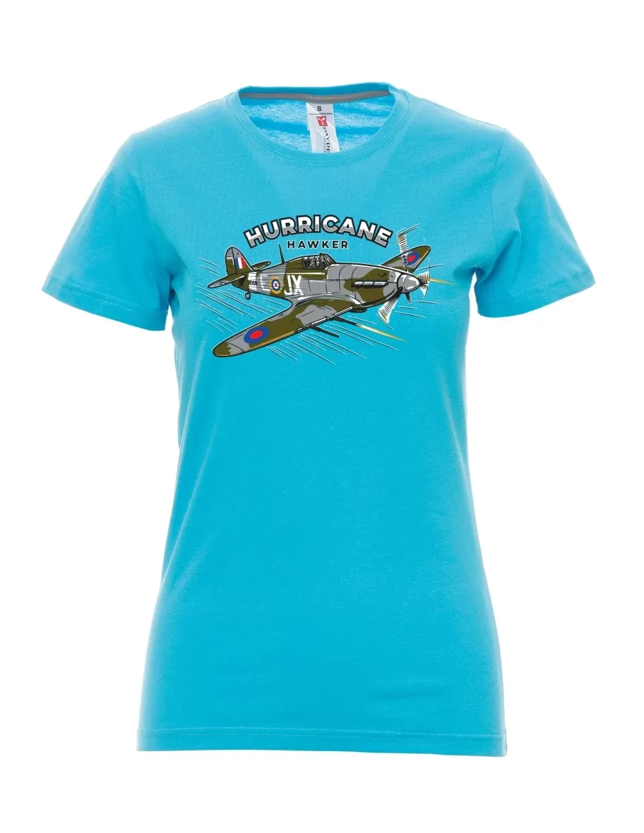 Atoll-blaues T-Shirt für Damen Flugzeug Hurricane Hawker