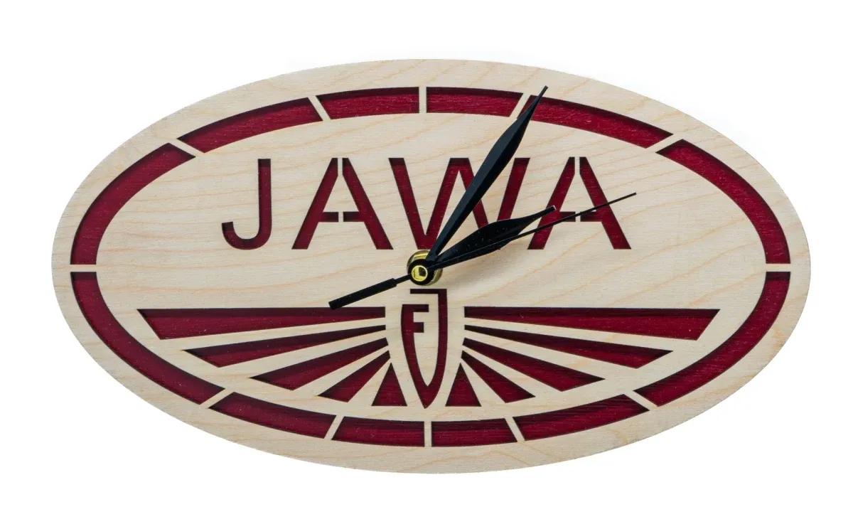 Hölzerne Uhr Logo Jawa Fj