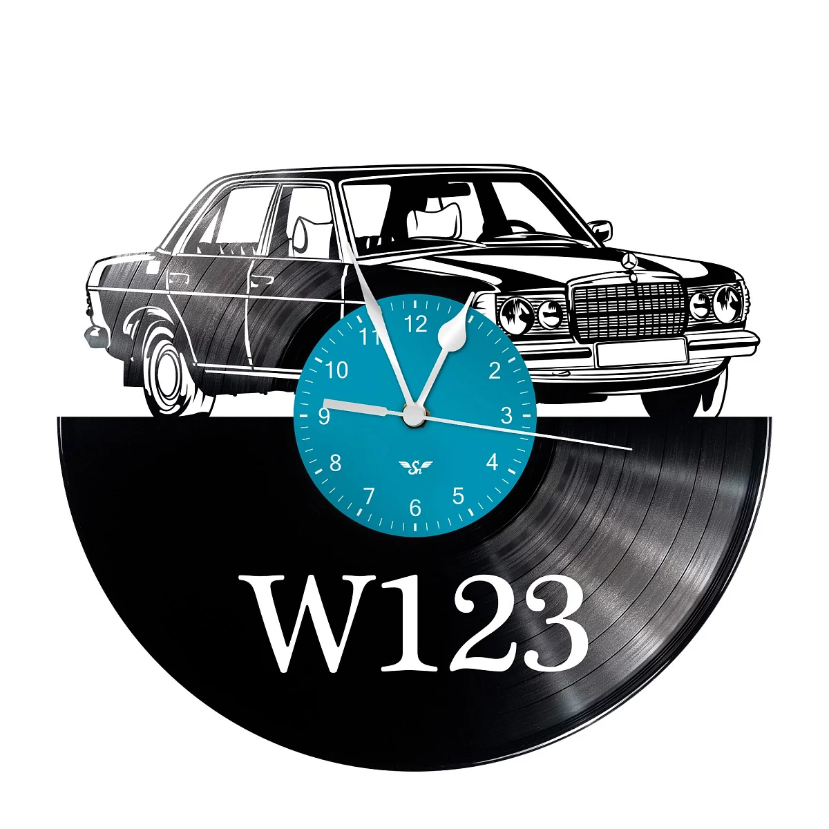Schallplattenuhr mit W123-Motiv